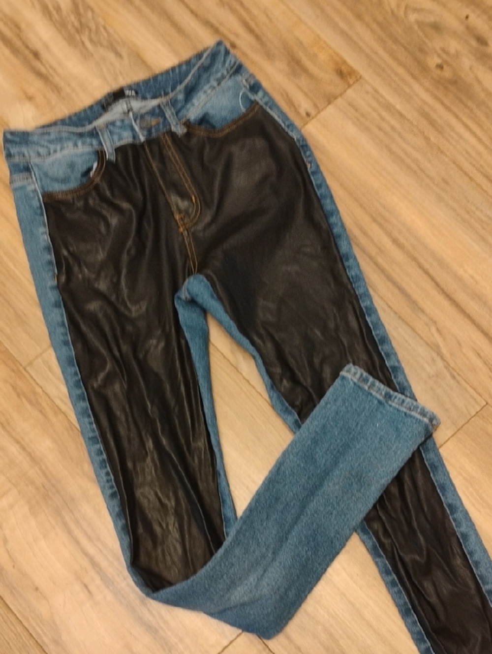 Fashion Nova Two-Tone Blue Denim Jeans with Black Faux Leather Panels